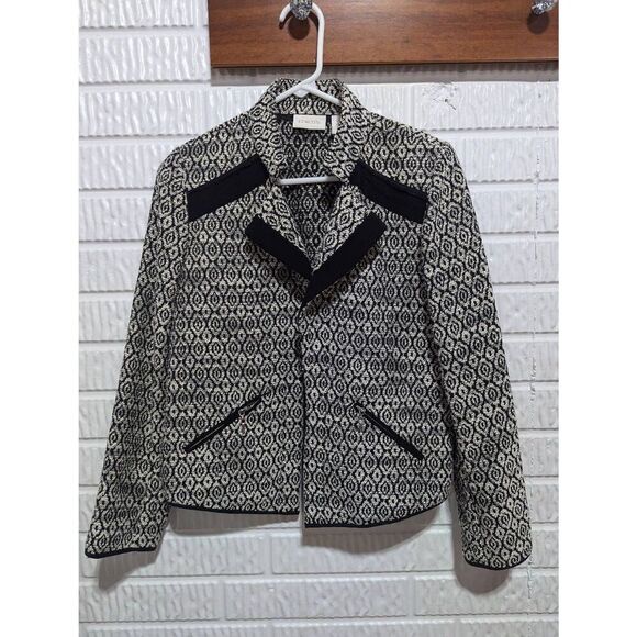 Chico's Women's Black & Cream Geometric Pattern Open-Front Blazer Jacket Size 0 - Picture 1 of 6